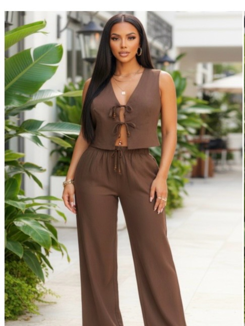 Sleeveless Linen Drawstring Vest and Wide Leg Pants Set